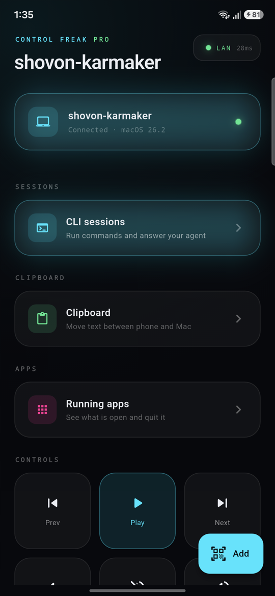 The Control Freak deck, connected over LAN at 28 milliseconds
