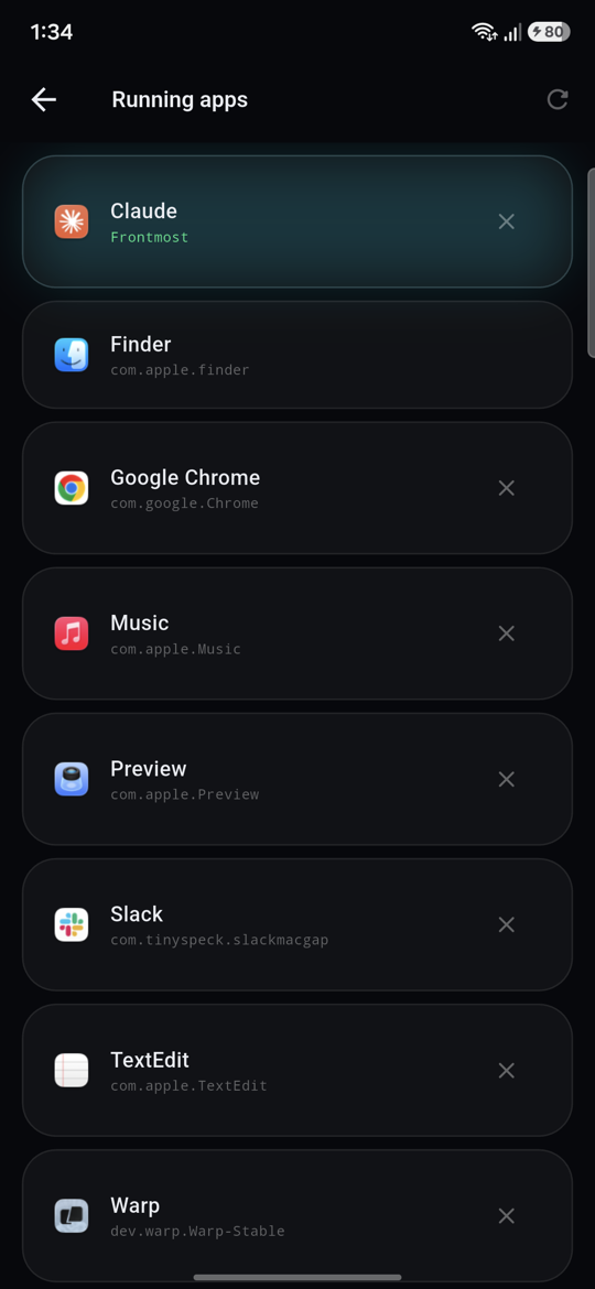 Running apps on the Mac, listed on the phone with their real icons